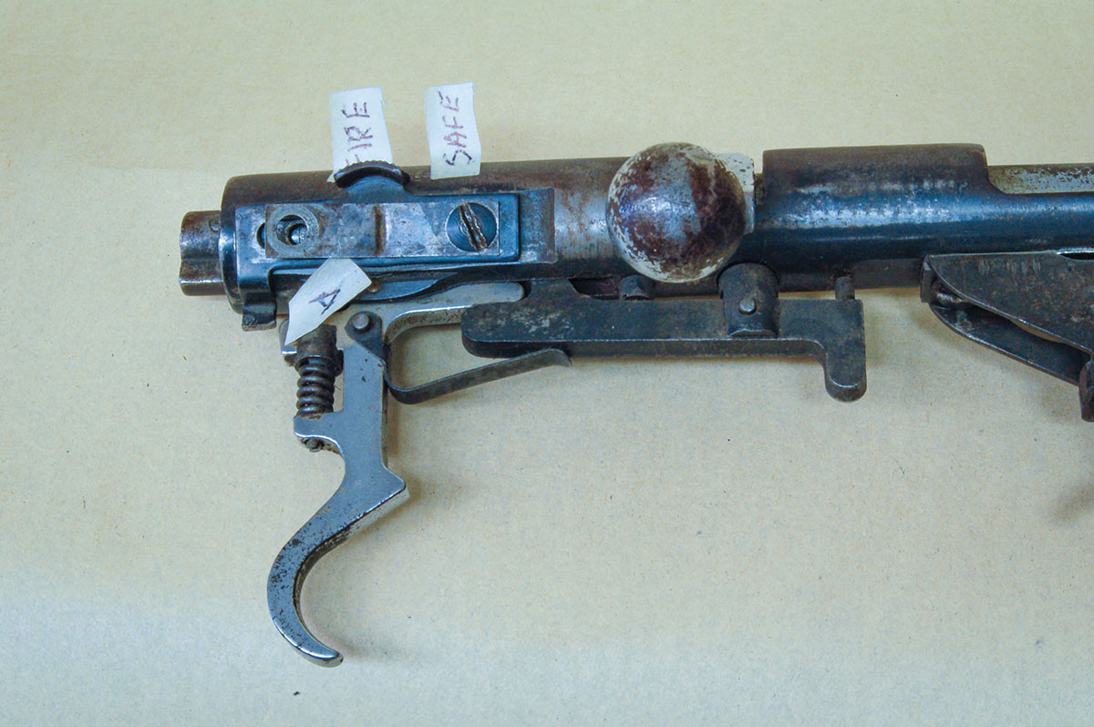 Stevens 22 safety slides forward to “Safe” and rearward to “Fire,” opposite of every other safety on the planet. It’s best to pass on these, though they can be altered by welding at point “A” (see arrow).